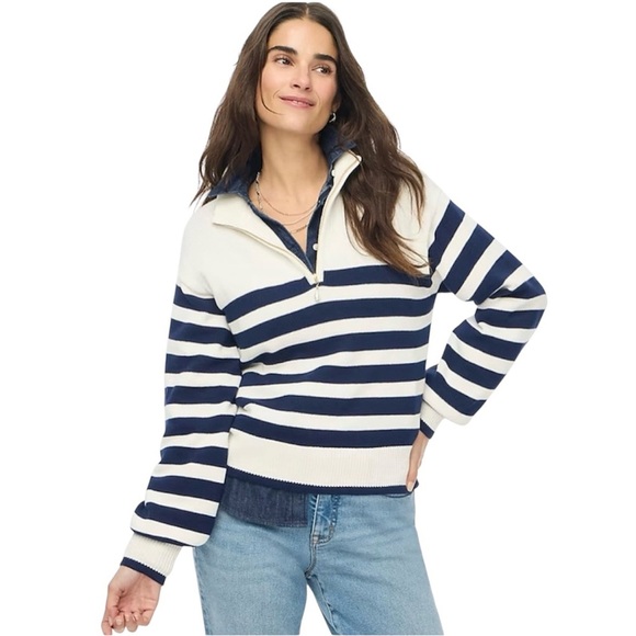 J Crew Striped half-zip sweater with pearl zipper in weekend stripe size large - Picture 1 of 8